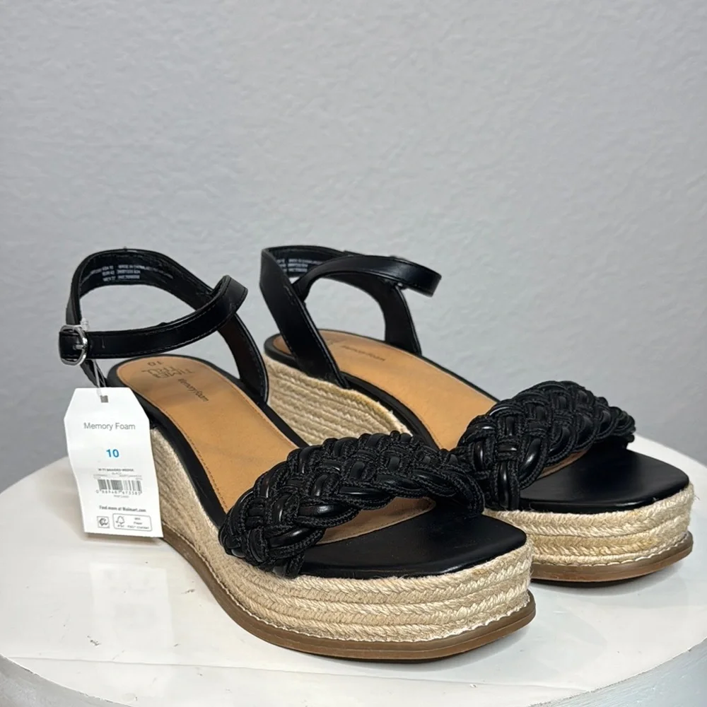 TIME AND TRU WOMENS BLACK BRAIDED ANKLE STRAP ESPADRILLE PLATFORM WEDGES **NWT**
